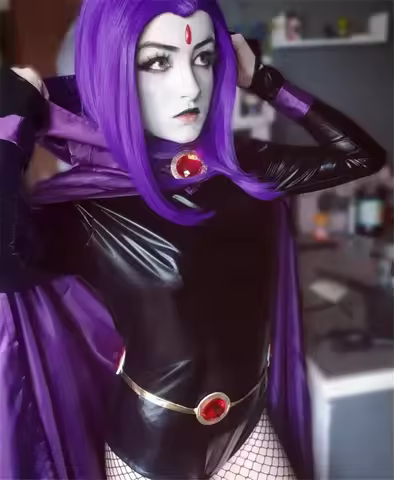 Teen Raven Cosplay Costume Superhero Cloak Jumpsuits Halloween Tight clothes + Cape + waist jewelry 