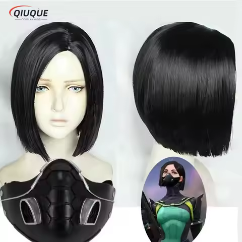Game Valorant Viper Cosplay Wig Short Straight Black Heat Resistant Synthetic Hair Halloween Role Pl