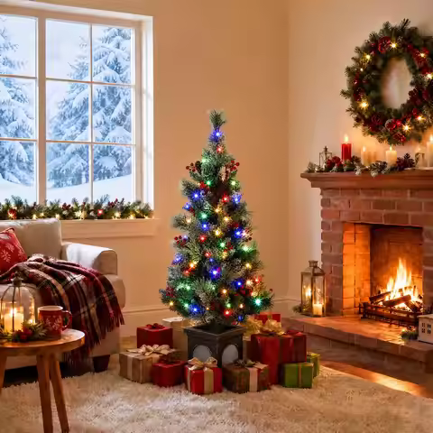 4FT Pre-Lit Flocked Christmas Tree With 100 Warm White LEDs, 8 Light Modes, Snowy PVC Pine, Decorati