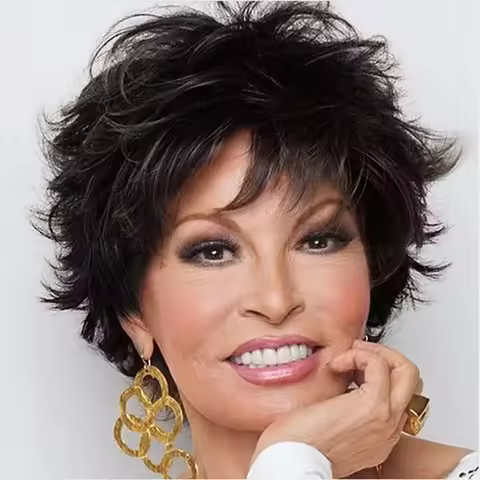 HAIRJOY Synthetic Hair Short Dark Brown Pixie Layered Wig with Bangs Mixed Auburn Curly Wigs for Wom