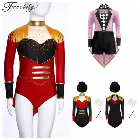 Halloween Costume Boys Girls Sequins Unitards Tailcoat Bodysuit Magician Dress Up Circus Ringmaster 