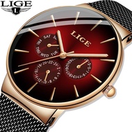 LIGE นาฬิกาแฟชั่นผู้ชายรุ่นใหม่,นาฬิกาควอตซ์หรูนาฬิกาข้อมือเหล็กบางมากๆสำหรับผู้ชายนาฬิกากีฬากันน้ำ + กล่อง