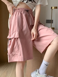 Plus size pink cargo shorts for women girls Korean style 2024 casual pants