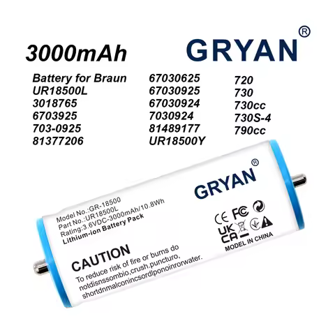 GRYAN 3000mAh UR18500L Battery for Braun 5671 5673 5675 760CC 799CC 9565 9585 9585CC 9595CC 9785 979