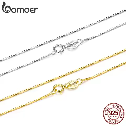 BAMOER Solid Gold Over 925 Sterling Silver Chain Necklace for Women Teens DIY, 0.8mm Box Chain Super