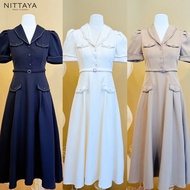 [NITTAYA] D2724 Long Skirt Dress With Collar Short Sleeves Decorated With Buttons Front Pockets Simp