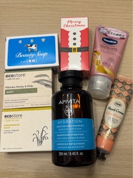 Apivita shampoo, Vaseline serum, Sabon hand cream, COW beauty soap, ecostore Manuka Lemongrass soap 