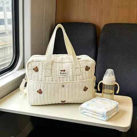 Quilted Bear Diaper Bag Large Capacity Portable Maternity Tote Bag for Baby Care Travel
