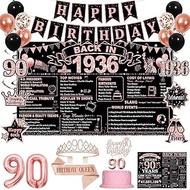 90th Birthday Decorations for Women, Rose Gold Black 90th Birthday Party Supplies Kit for Her, Happy
