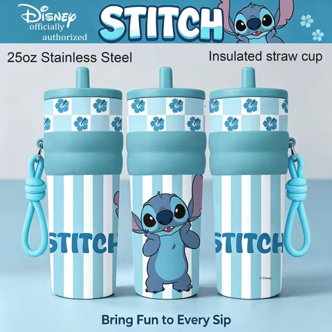 1pc 25oz Disney Cute Stitch Stainless Steel Tumbler Insulated Travel Mug with Straw Hanging Rope Por