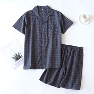 Ready stock）Mens Pajamas Summer Thin Shorts With Short Sleeves Washed Cotton Simple Underwear Japane