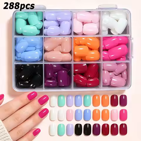 288pcs 12colors Glossy Short Square Press On Nails Red Pink White Black Blue Orange Flase Nails Full