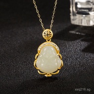 Chinese Style Pendant Natural Hetian Jade s925Pure Silver Palace Style Lucky Laughing Buddha Necklac