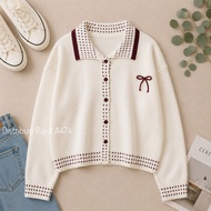 MANOPO WOMEN'S LONG-SLEEVED CROP KNIT CARDIGAN WITH BUTTONS AND RIBBON MOTIF CARDIGAN KNITWEAR SWEAT