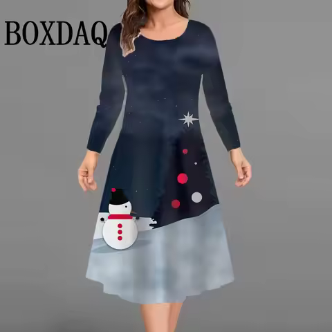 Plus Size Women Dress Christmas Tree Long Sleeve O-Neck Xmas Snowman 3D Printed Casual Loose Dress V