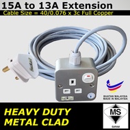 Heavy-Duty 15A to 13A 2-Meter Metal Clad Converter with 3-Outlet Trailing Extension Cable