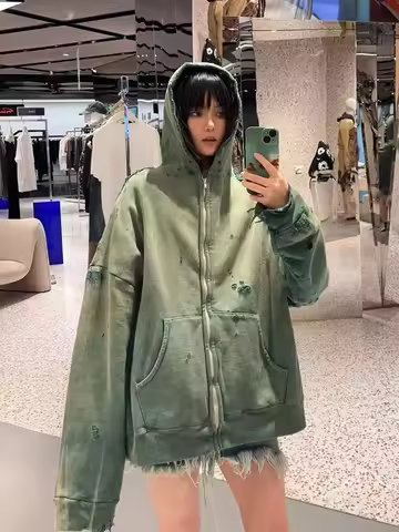 Saint Vintage Mxxx Zip up Hoodie Double Face Destroyed Zipper Sweatirt Casual Breathable Long Sve or