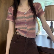 Short Sleeve Knitted Cardigan French Striped t-Shirt Short Narrow Waist abg Hot Girl