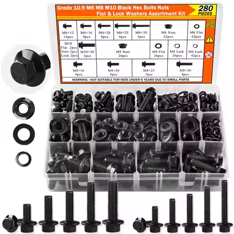 280PCS 10.9 Grade Black Flange Bolt Kit, M6x1.0 M8x1.25 M10x1.5 Hex Bolts Nuts Washers Set for Autom