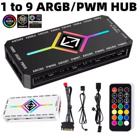 ARGB PWM Fan Hub Adapter With ARGB Controller 1To9 Port 5V 3 Pin PC Cooling Fan Hub Splitter SATA Po