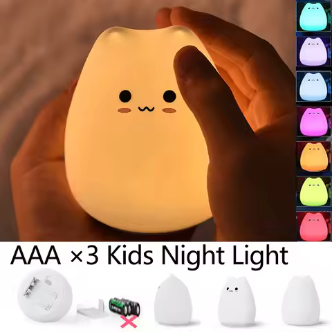 LED Cat Night Light for Kids Soft Silicone​ Touch Sensor 7 Colors​ Changing Cartoon Sleeping Lamp fo