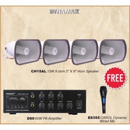 PA SYSTEM INDOOR DYNAMAX D60 60W PA Amplifier, CH15AL 15W 8 ohm 5" X 8" Horn Speaker (4 pcs), Wired Mic