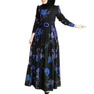 Batu®Wanita Lengan Panjang Muslim Abaya Pakaian Etnik Floral Cetak Tali Pinggang Maxi Kaftan Jubah