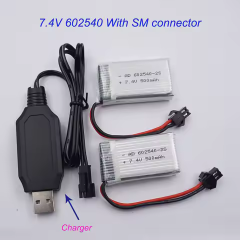 2pcs 7.4V 500mAh 3.7Wh 25C Rechargeable Polymer Li Battery Lipo 602540 SM For Helicopter Models JJRC