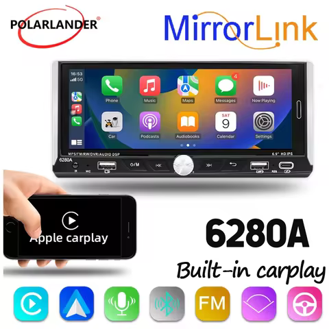 Wireless Carplay 2+64G 2.5D IPS 6.9 inch 1 Din Car Radio Touch Screen 6280A Bluetooth Car MP5 Player