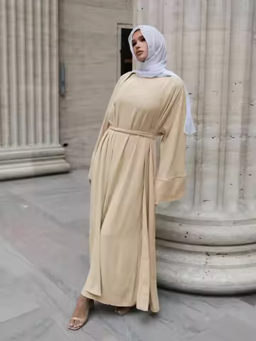 Women's 2 Piece Abaya Set Textured Open Front Cardigan Maxi Dress with Self Tie Belt Long Sleeve 100