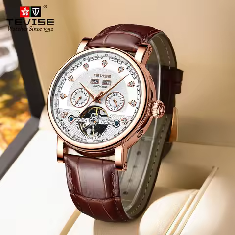 TEVISE Watch for Man Automatic Mechanical Movement Casual Leather Wristwatch Luminous Waterproof Bus