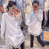 women s Korean tops T-shirt station autumn new loose large size top lace splicing slit V-neck lon