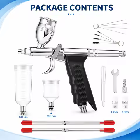 Airbrush Kit with Double Action Trigger Airbrush Gun 0.3/0.5/0.8mm Needles 13/20/40cc Paint Cups for