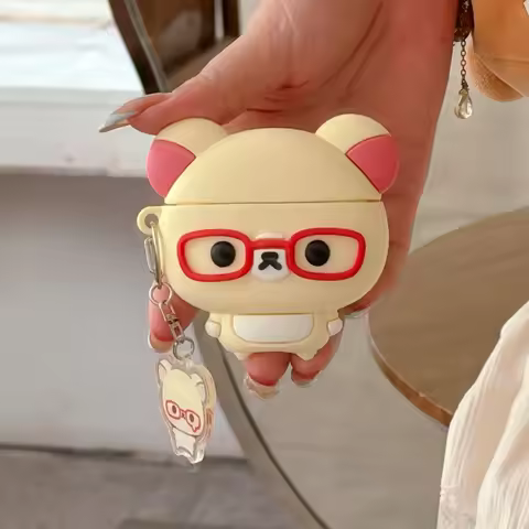 For AirPods 4 Pro Pro2 Pro3 Earphone Case 3D Cute Red Glasses Bear Silicone Cartoon Rilakkuma Protec