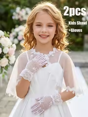 2Pcs 3-8Y Girls White Princess Shawl + Bow Lace Gloves Set Wedding Party Photo Shoot Dress Up Access