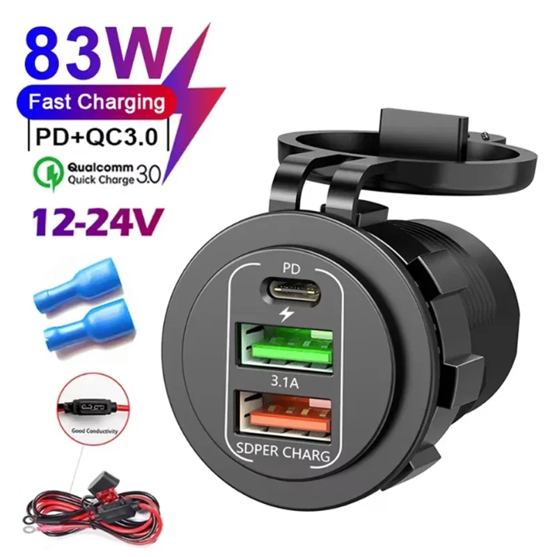 83W Max Phone Charger Socket 45W PD+QC3.0 Fast Charging Adapter Waterproof For 12/24V Car Boat Motor