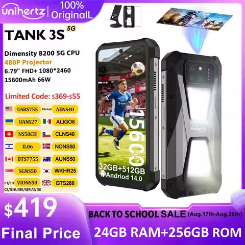 Unihertz tank 3s 8849 powered smartphone with projector 24/32GB 256/512GB Dimension 8200 cellphone 1