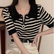 E1Women's short-sleeved knitted t-shirt with bigszier striped pattern, turn-down collar, zipper, str