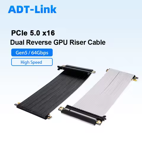 ADT-Link PCIe 5.0 x16 Gen5 GPU Riser Cable Dual Reverse 64Gbps High Speed Flat Ribbon Extension Cabl