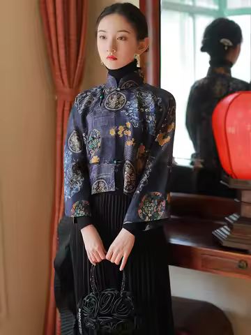 Spring autumn chinese traditional hanfu top print cheongsam Oversized sleeves blouse old school fest