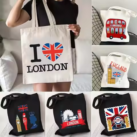 London Theme Canvas Tote Bags Trendy Women Shoulder Handbag Large Capacity Shopping Bag Fashion Girl