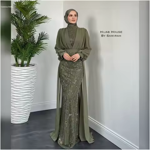 Contessa Dubai Customized High Neck Floor-length Mermaid Prom Dresses Long Sleeve Green فساتين سهرات