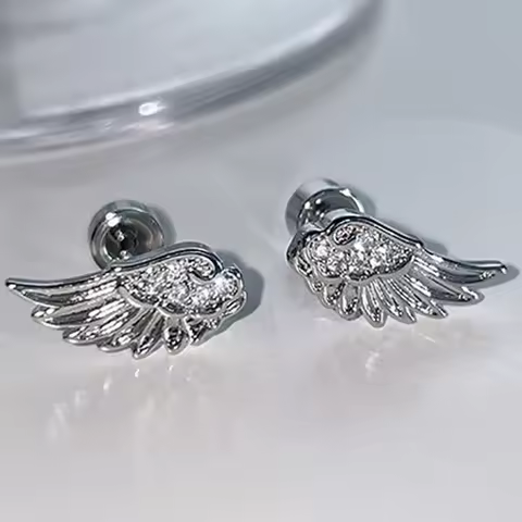 Luxury Zircon Angel Wing Cross Stud Earrings for Women Shiny Crystal Wings Fashion Silver Color Vint