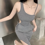 Đầm body dây rút khoét eo hình tròn V12 thiết kế dây quai mảnh lệch một bên vai phong cách Hàn Quốc