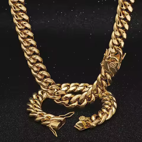 Mens Heavy Miami Cuban Link Chain Choker 18k Gold Plated Hip Hop Thick Stainless Steel 8mm-14mm Neck