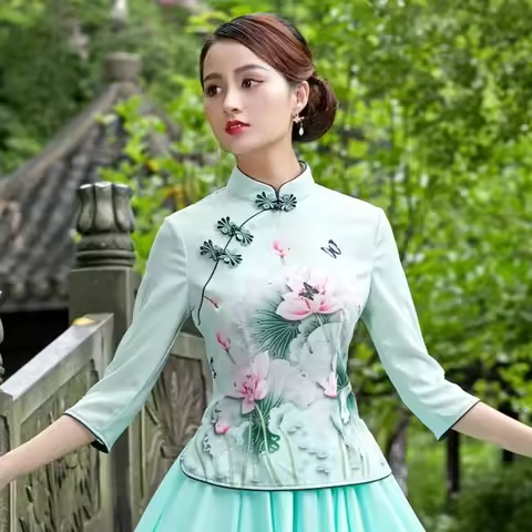Hanfu Chinese Qipao Shirt for Women Clothing Traditional Chinese Style Vintage Clothes Summer Cheong