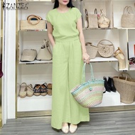 ZANZEA ชุดสองชิ้นสำหรับผู้หญิงชุดเสื้อคอโอเอวสูงยาวกางเกงแขนแร็กแลน #0616