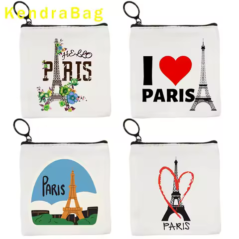 Paris France City Eiffel Tower Landmarks Love Heart Print Cute Key Coin Purse Canvas Bag Small Walle