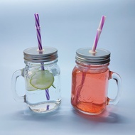【Ready Stock】№✶2 pieces thick glass mason jar for drinking with reusable plastic straw