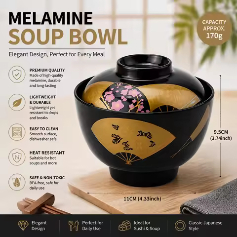 Japanese Korean Melamine Soup Bowl, Miso Seaweed Soup Cup Rice Bowl for Sushi Restaurant